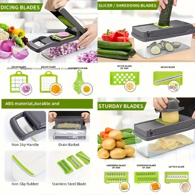 Răzătoare multifuncțională 22 piese legume și fructe – Verde, inox Răzătoare multifuncțională 22 piese legume și fructe – Verde, inox